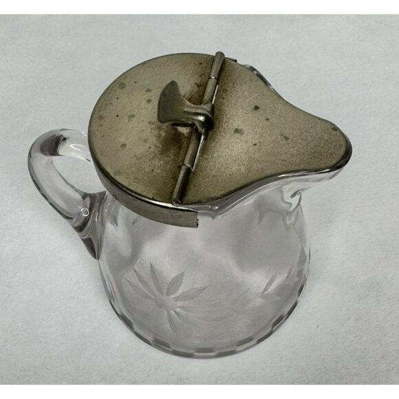 Vintage Glass Syrup Pitcher With Etched Floral Design & Hinged Metal Lid - Picture 3 of 10